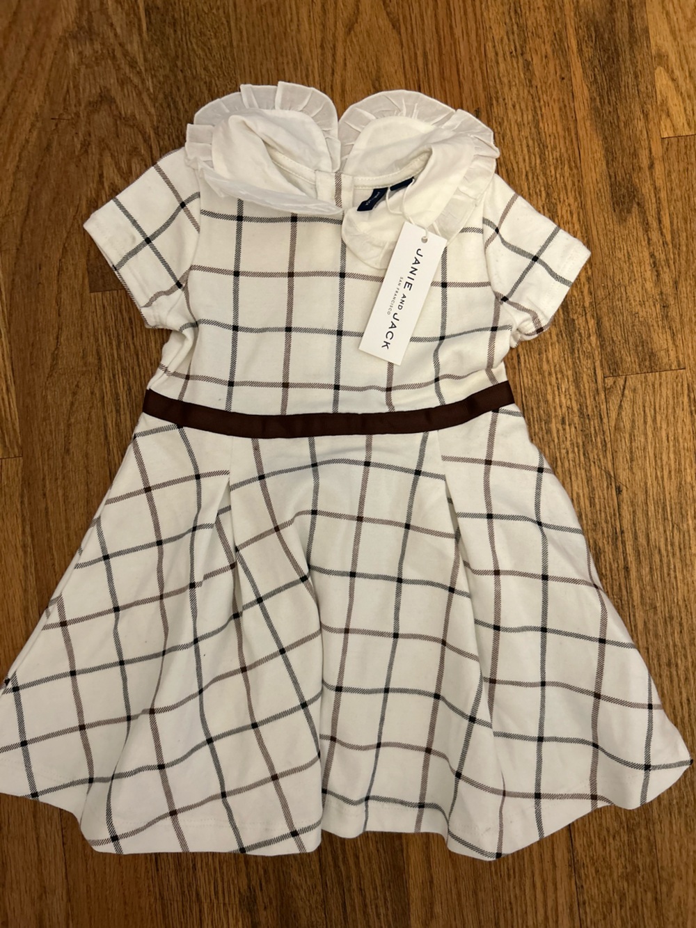 NWT Janie and Jack White Plaid Ruffle-Collar Kids Dress with Belt